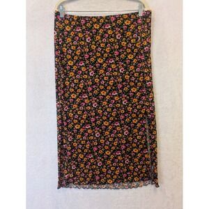 H&M Divided Floral Print Midi Skirt Black Orange Pink Side Slit Women's L